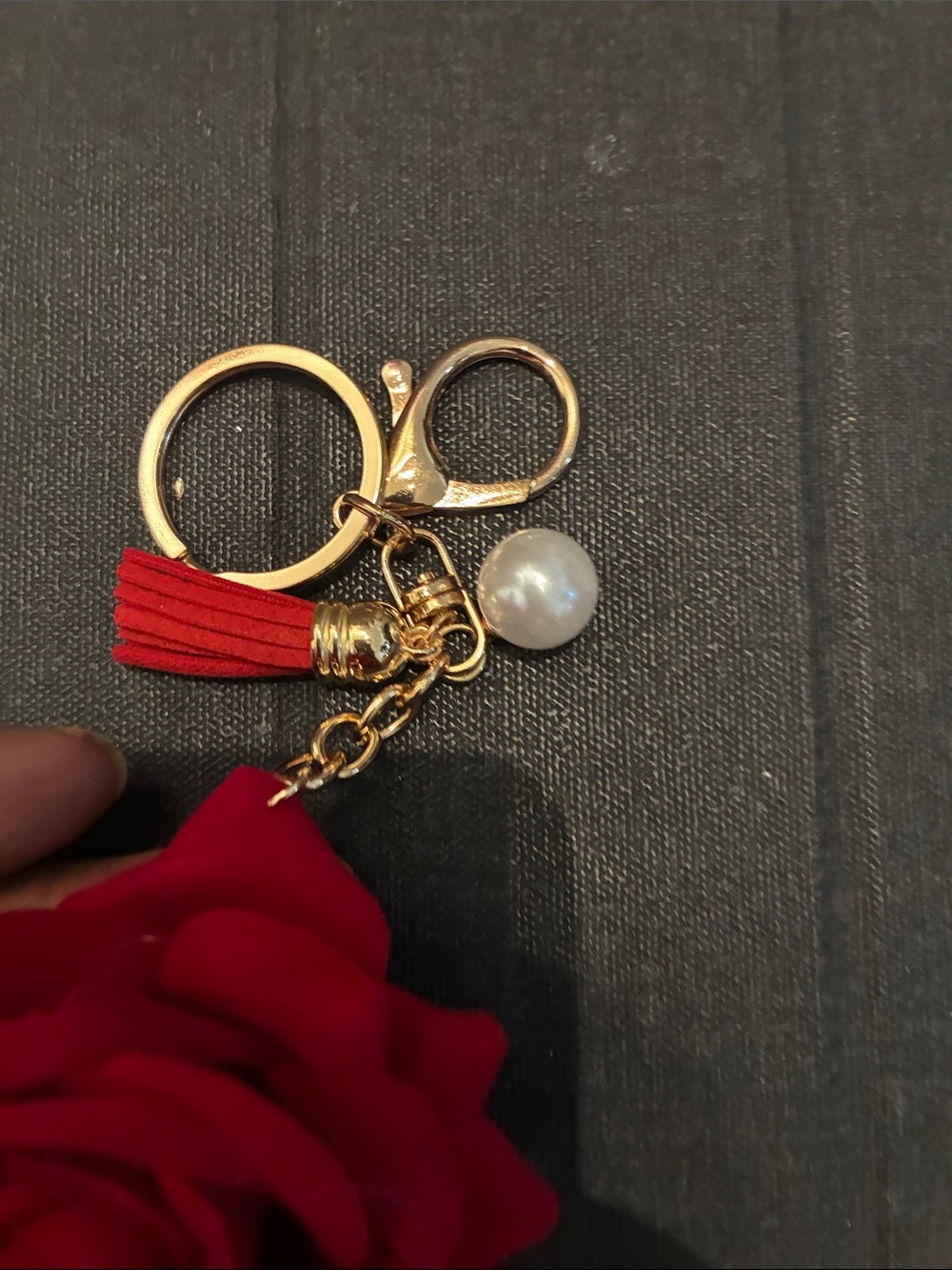 Red Rose Keychain with Gold Hardware and Pearl Accent - Picture 3 of 4